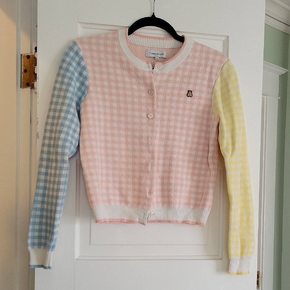 Teddy Fresh Pastel Gingham Colorblock Cardigan - M